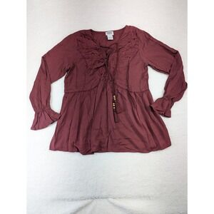 Monroe and Main Women's Ruffle Burgundy Boho Peasant Top Embroidered Lace-Up M